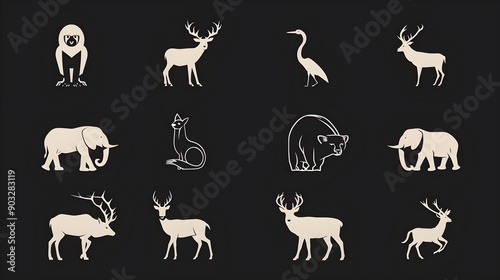 Set of modern minimalist silhouette wild animals