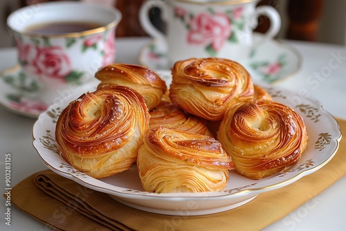 delicious flaky cozy kouign amann pastries and a cup of tea caramelized sugar, sweet, treat, dessert, baked, goods, buttery, layers, crunchy, sugary, french, cuisine, handmade photo