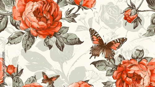 Vintage floral seamless pattern with peonies and roses