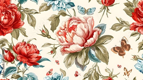 Fototapeta Naklejka Na Ścianę i Meble -  Vintage floral seamless pattern with peonies and roses