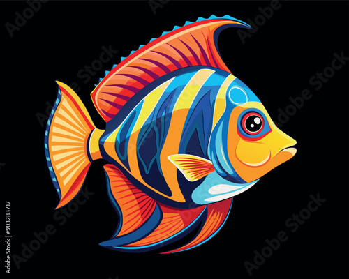 Discus fish in continuous color art drawing style.  isolated on Black background Vector illustration