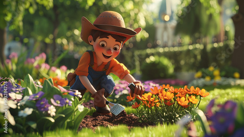 A gardener mulching flower beds in a park. Animated character, C4D model rendering, 3D rendering - Generative AI