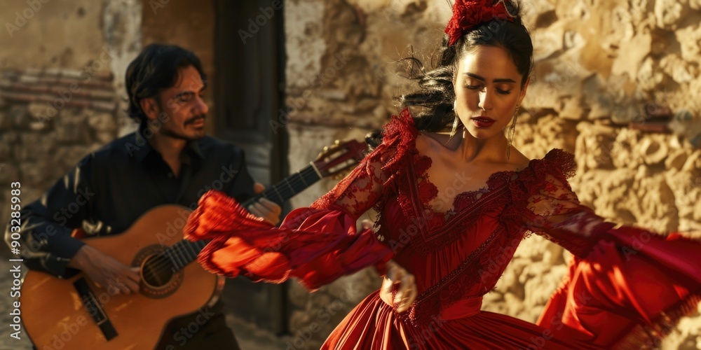 A woman wearing a red dress plays a guitar on a stage or at home A woman wearing a red dress plays a guitar on a stage or at home