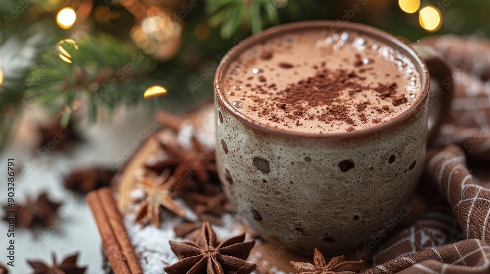 A mug of hot chocolate with a cinnamon stick and some star anise on a table. The mug is filled with a thick, creamy chocolate drink A mug of hot chocolate with a cinnamon stick and some star anise on a table. The mug is filled with a thick, creamy chocolate drink