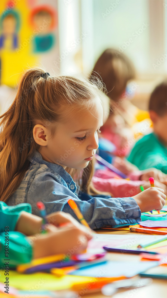 Fototapeta premium Focused Young Girl Drawing in a Colorful Classroom