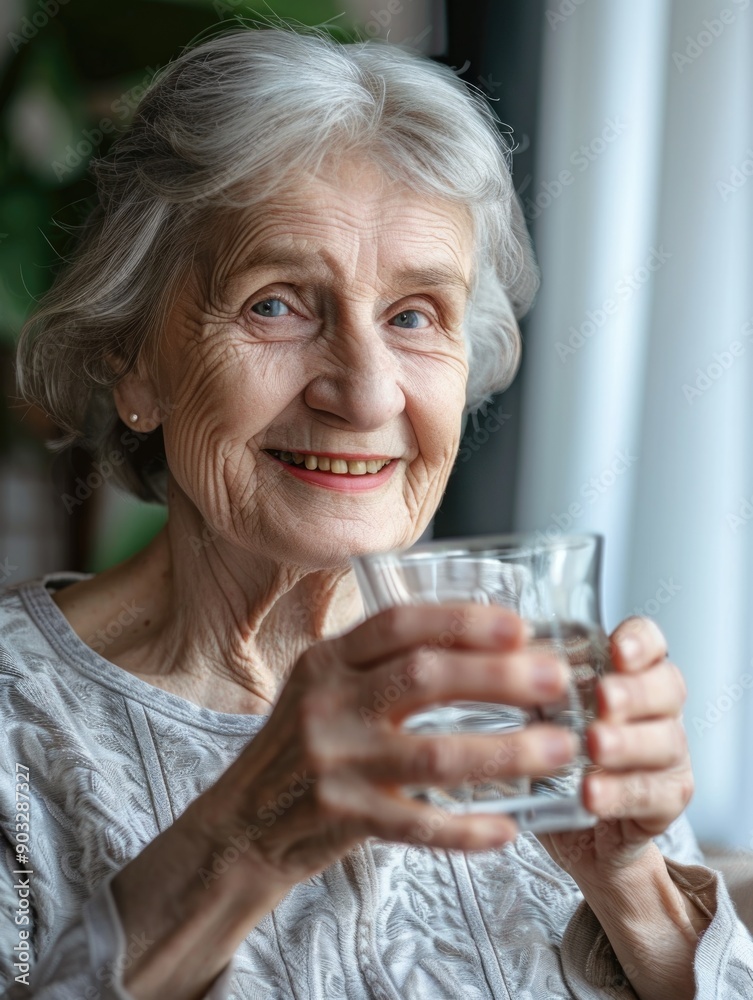 An elderly person grasping a glass of water, possibly indicating hydration or thirst An elderly person grasping a glass of water, possibly indicating hydration or thirst
