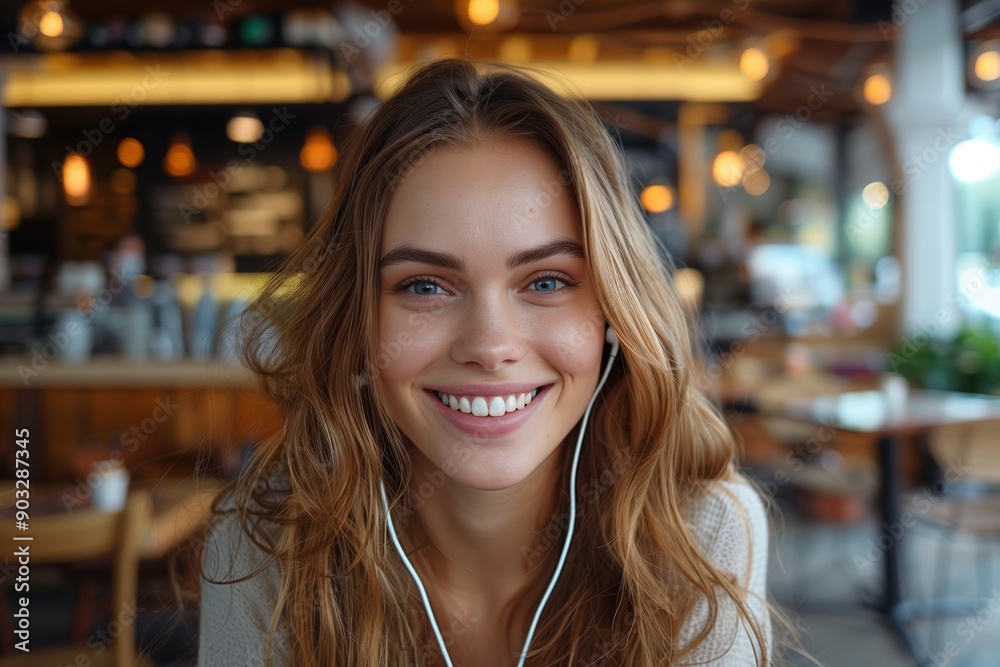 Remote Work Meets Leisure: Woman Enjoys Video Call in Café with Wireless Earbuds Remote Work Meets Leisure: Woman Enjoys Video Call in Café with Wireless Earbuds