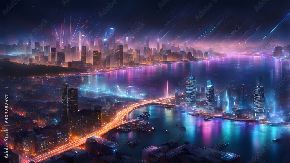 A cityscape with a bridge and a body of water A cityscape with a bridge and a body of water