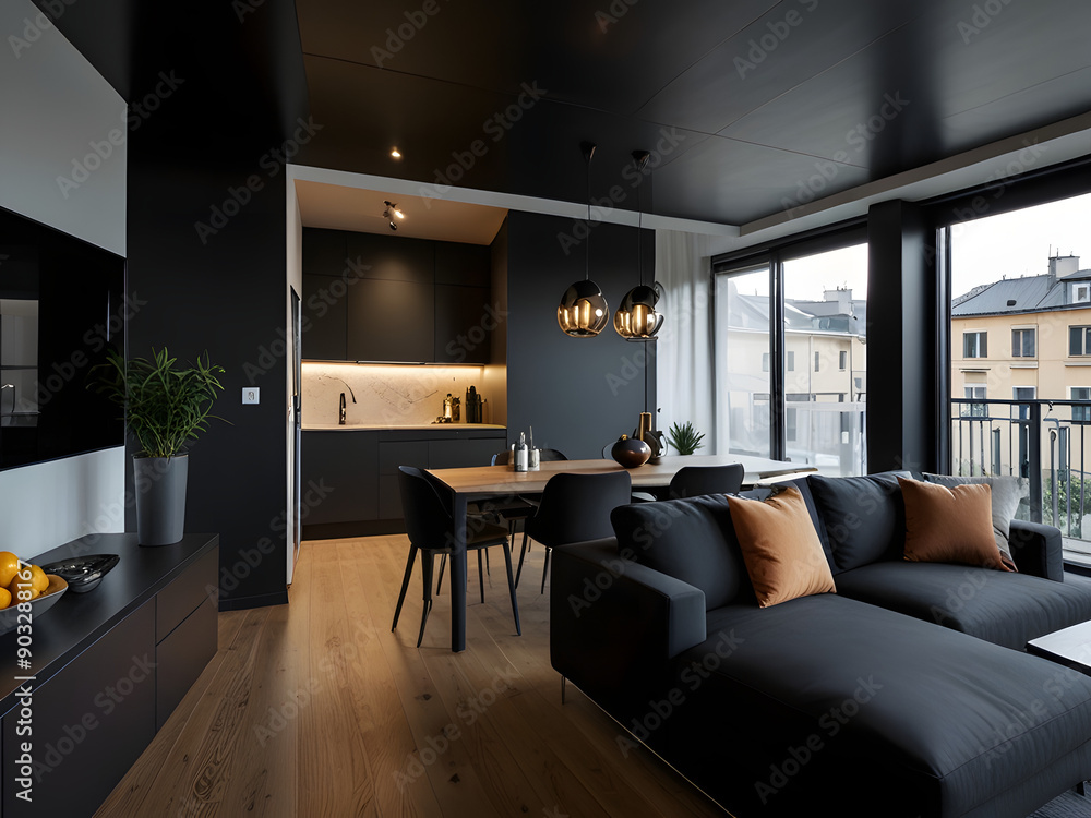 Elegant Compact Apartment with Integrated Living Area, Dining Table, and Black Kitchen Elegant Compact Apartment with Integrated Living Area, Dining Table, and Black Kitchen