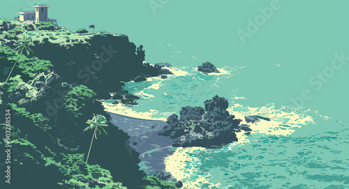 Scenic coastal view with rocky cliffs and lush greenery, turquoise ocean waves, serene and picturesque landscape, ideal for travel posters and nature-inspired decor