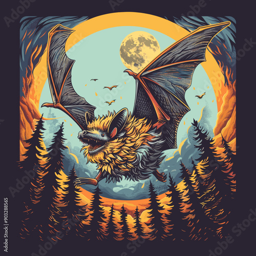 Illustrated bat flying under the moonlight in a forest, vibrant and spooky artwork, perfect for Halloween decor and themed designs, capturing the mysterious and nocturnal nature of bats