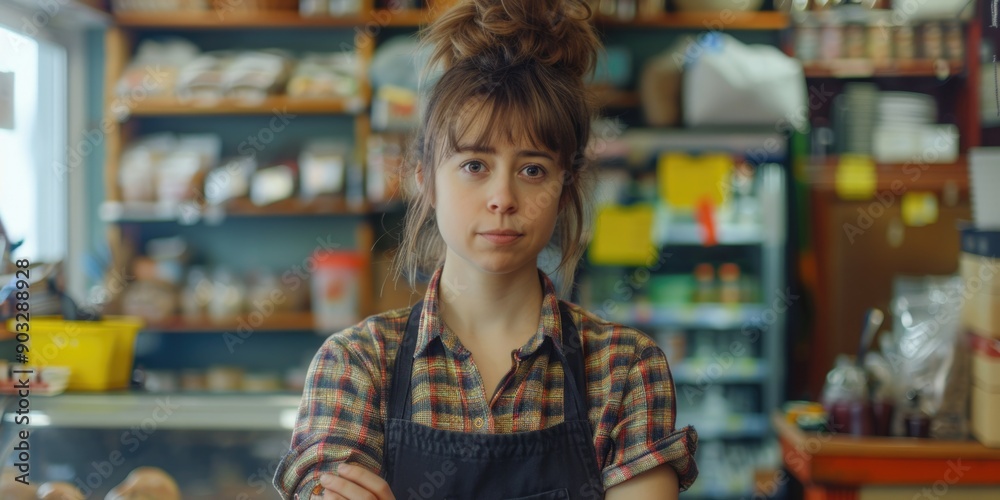 A woman stands in front of a bakery counter, surrounded by sweet treats