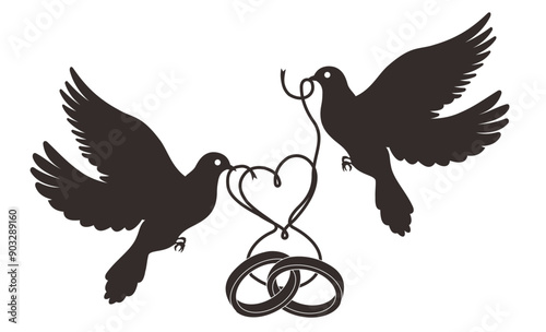 two doves and a wedding ring tied with a ribbon