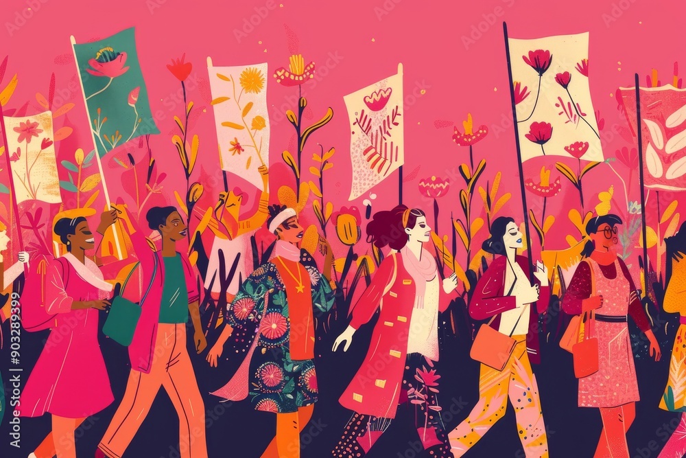 A Vibrant Parade of Women Holding Flowers A Vibrant Parade of Women Holding Flowers