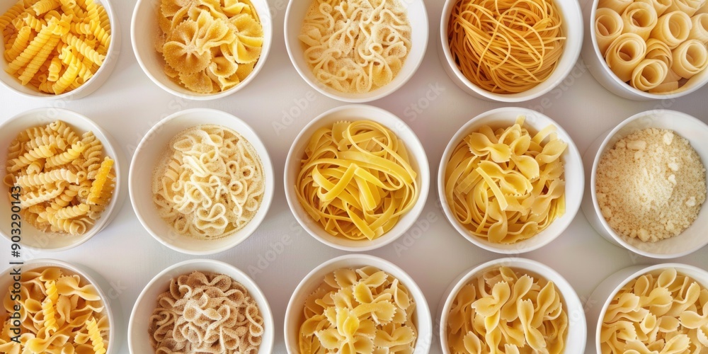 A collection of bowls filled with various pasta dishes on a white table