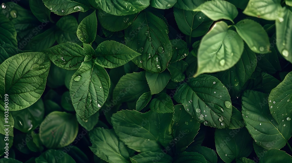 Close-up of lush green leaves with water droplets Close-up of lush green leaves with water droplets