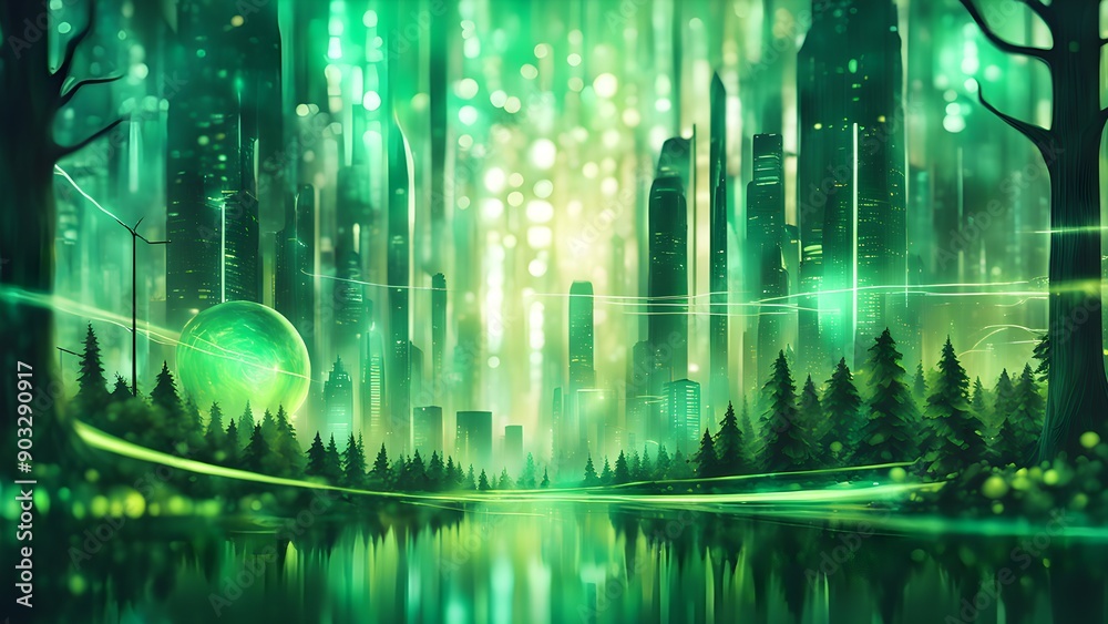 Fototapeta premium A green cityscape with a large green sphere in the middle
