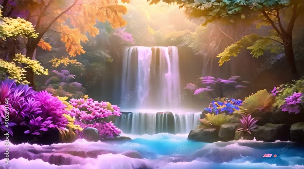 Enchanting fantasy waterfall cascading through a colorful forest of vibrant plants, creating a magical and whimsical scene
