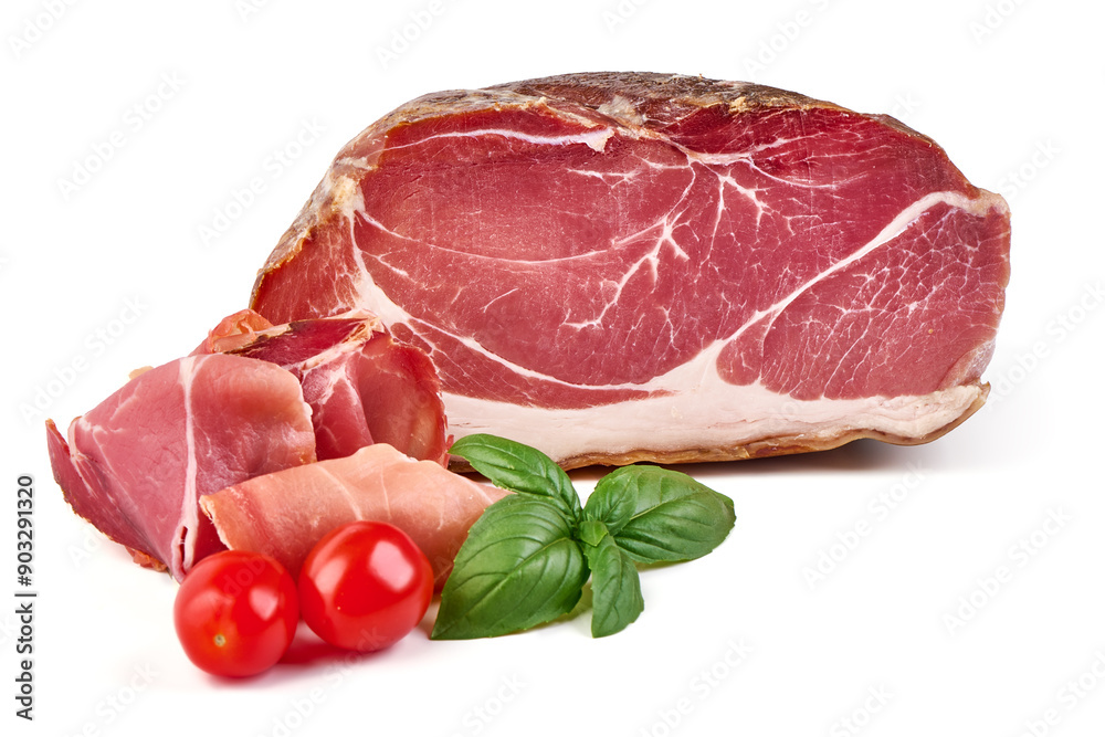 Italian prosciutto crudo or spanish jamon. Jerked meat, isolated on white background. High resolution image. Italian prosciutto crudo or spanish jamon. Jerked meat, isolated on white background. High resolution image.