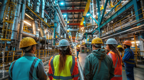 A group of workers in safety gear inspecting a modern, high-tech industrial facility, emphasizing teamwork and technology.