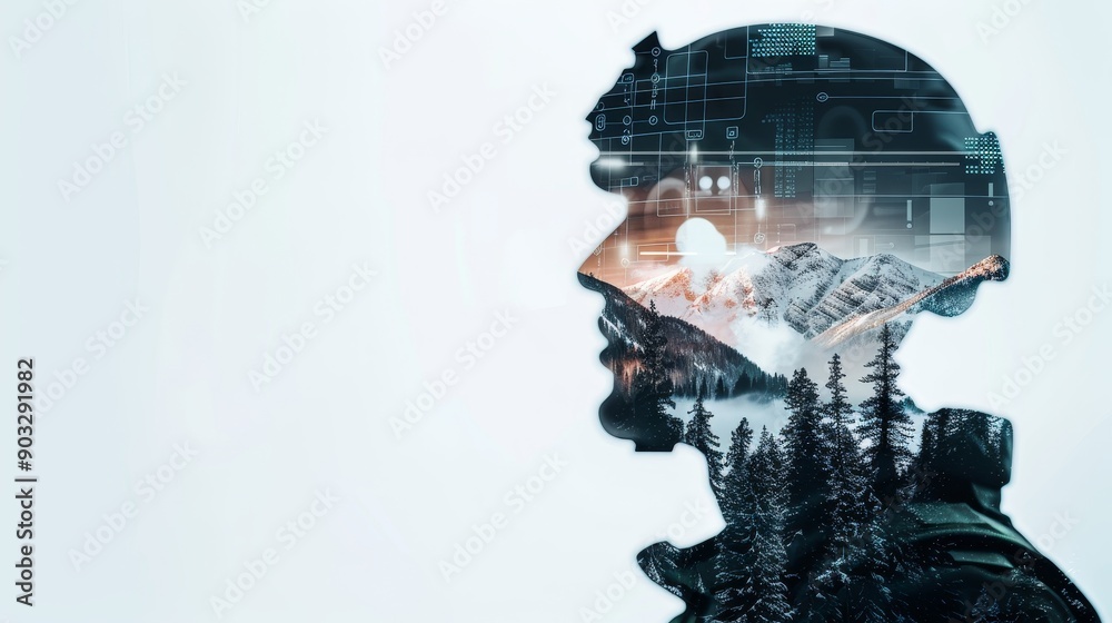 A soldier with a digital interface overlay, double exposure photography blending their silhouette with a nature landscape of mountains and forests A soldier with a digital interface overlay, double exposure photography blending their silhouette with a nature landscape of mountains and forests