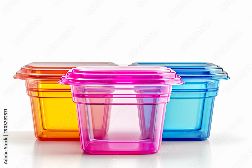 Three plastic containers of different colors, one of which is orange Three plastic containers of different colors, one of which is orange