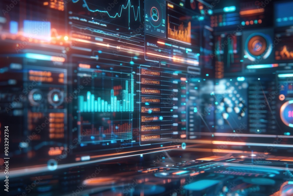 A Computer Screen Displays Data Visualizations in a Futuristic Setting A Computer Screen Displays Data Visualizations in a Futuristic Setting