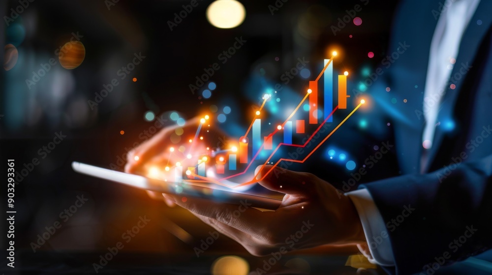 Businessman Using Tablet with Financial Graph Businessman Using Tablet with Financial Graph