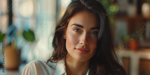 Close-up of a woman's face with long hair, suitable for beauty or lifestyle photography