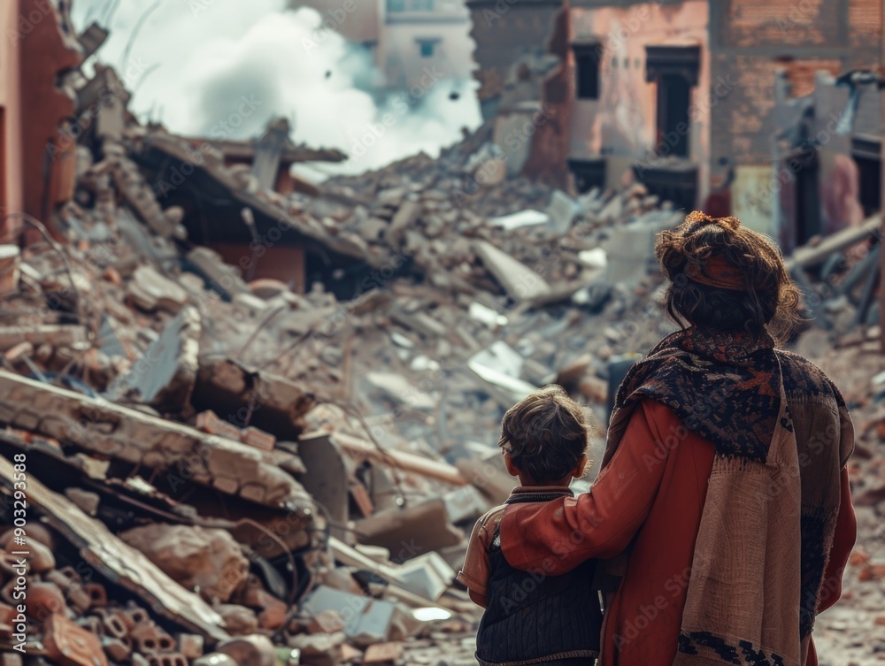 A mother and child standing together amidst the aftermath of destruction, offering hope and resilience A mother and child standing together amidst the aftermath of destruction, offering hope and resilience