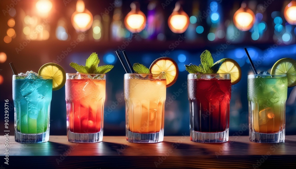Delectable colorful drinks in glasses with lime and lemon slices. They display vibrant colors Delectable colorful drinks in glasses with lime and lemon slices. They display vibrant colors
