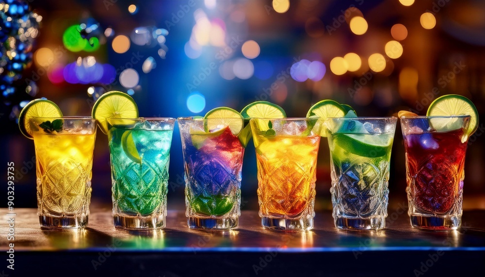 Delectable colorful drinks in glasses with lime and lemon slices. They display vibrant colors Delectable colorful drinks in glasses with lime and lemon slices. They display vibrant colors
