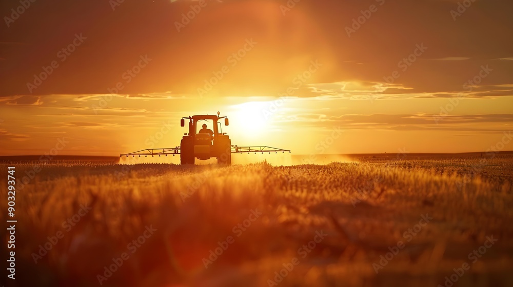 Fototapeta premium Tractor spraying soybean field at sunset