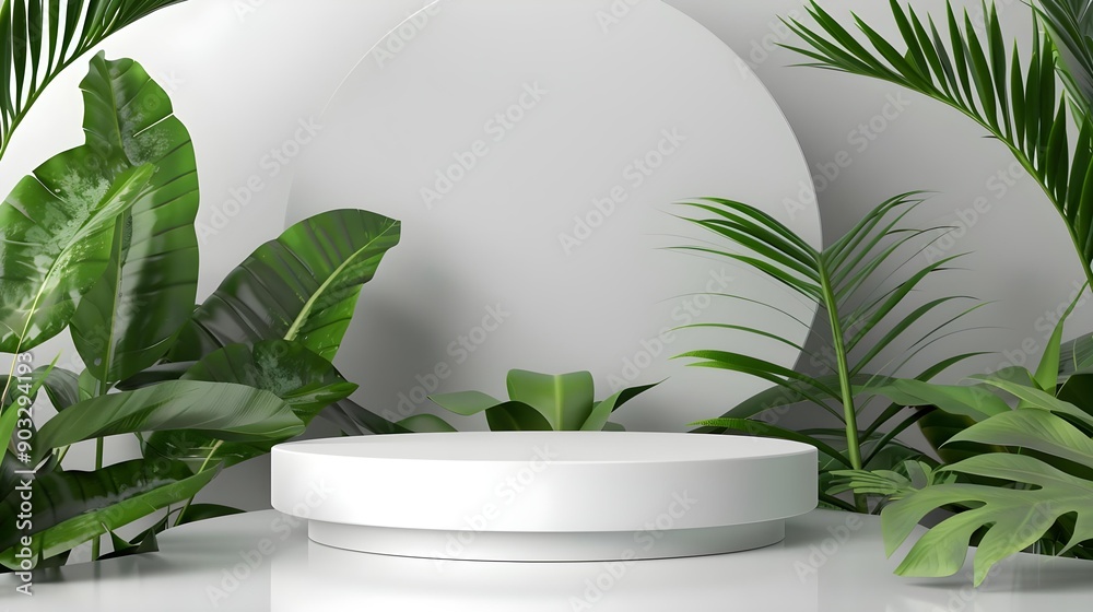 White product display podium with nature leaves