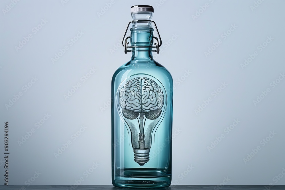 Transparent glass bottle with brain illustration symbolizing innovative ideas intellectual power and the fusion of creativity and science in a modern minimalistic setting. Transparent glass bottle with brain illustration symbolizing innovative ideas intellectual power and the fusion of creativity and science in a modern minimalistic setting.