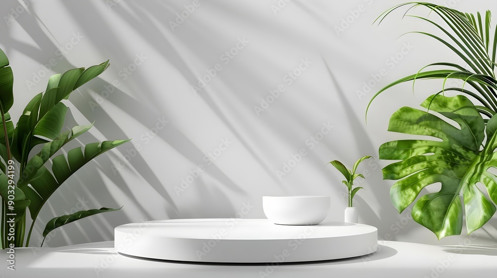 White product display podium with nature leaves White product display podium with nature leaves