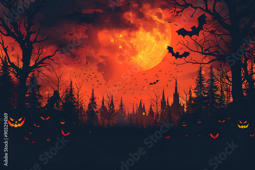 A spooky Halloween night background with eerie pumpkins and a blood-red full moon, creating a chilling atmosphere perfect for horror-themed decorations and a creepy autumn vibe