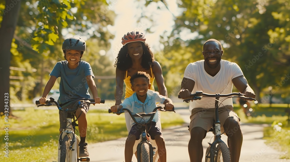 Obraz premium Young parents with children ride bikes in park