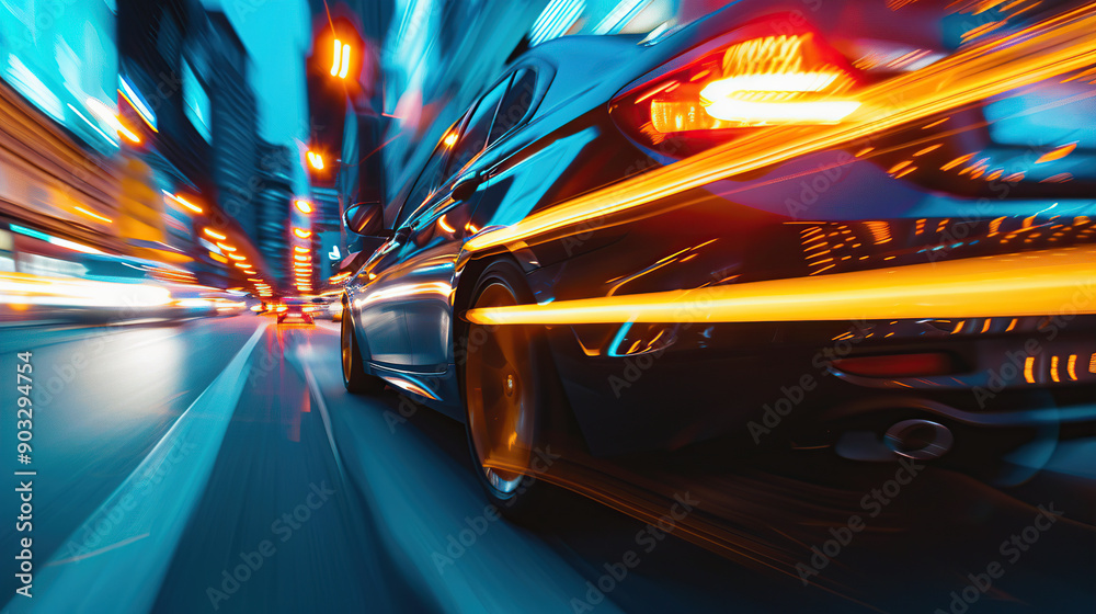 A yellow car was speeding along under a blurry street scene A yellow car was speeding along under a blurry street scene