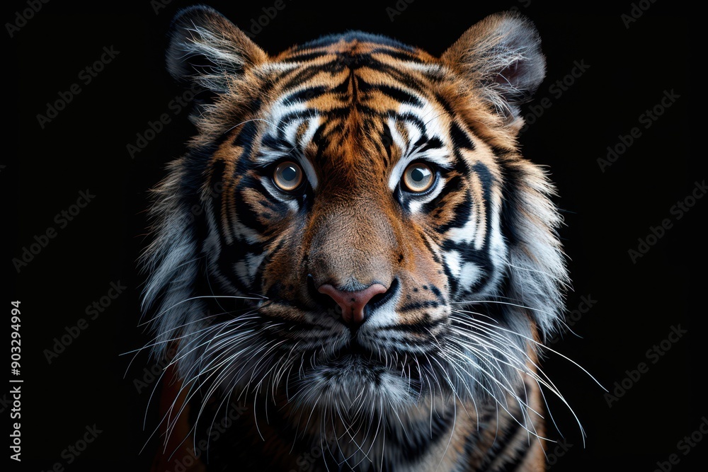 Fototapeta premium Tiger Face on Black Background – High Contrast, Symmetrical Composition, Detailed Fur Texture, Portrait Photography with Wide-Angle Lens and Softbox Lighting