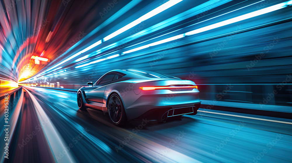 A modern car driving through an underground tunnel with blue and red lights A modern car driving through an underground tunnel with blue and red lights