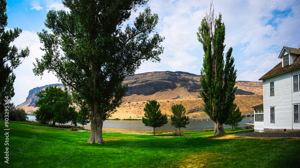 The Landmark Landscape at Swan Falls Dam, built in 1901, in the Snake River Birds of Prey National Conservation Area in Murphy, Ada and Owyhee counties, Idaho The Landmark Landscape at Swan Falls Dam, built in 1901, in the Snake River Birds of Prey National Conservation Area in Murphy, Ada and Owyhee counties, Idaho