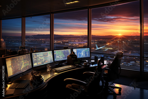 air traffic controller in airport control tower.