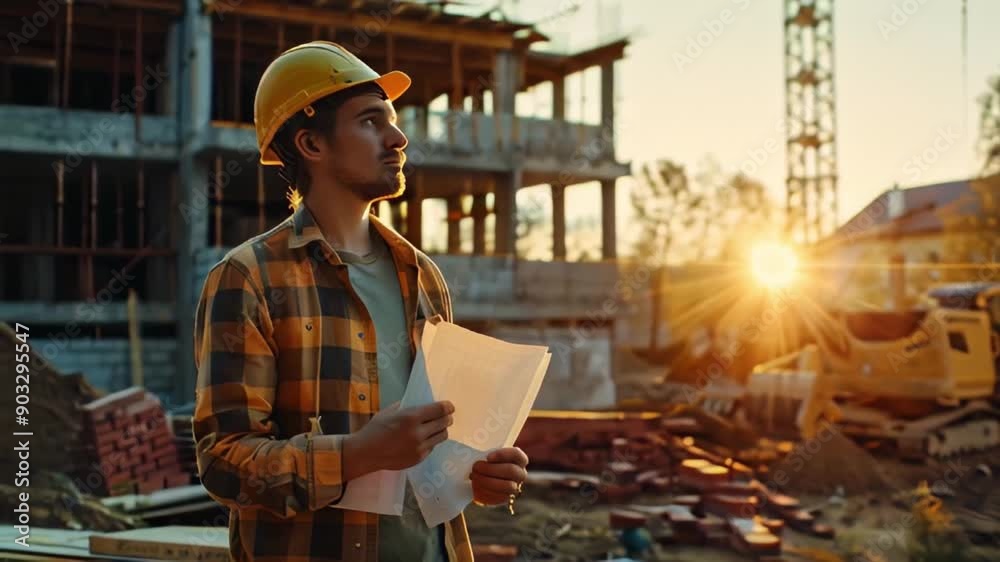 A male builder in front of a house under construction and a construction crane in an orange helmet in the sunset light with documents and a house construction project in his hands A male builder in front of a house under construction and a construction crane in an orange helmet in the sunset light with documents and a house construction project in his hands