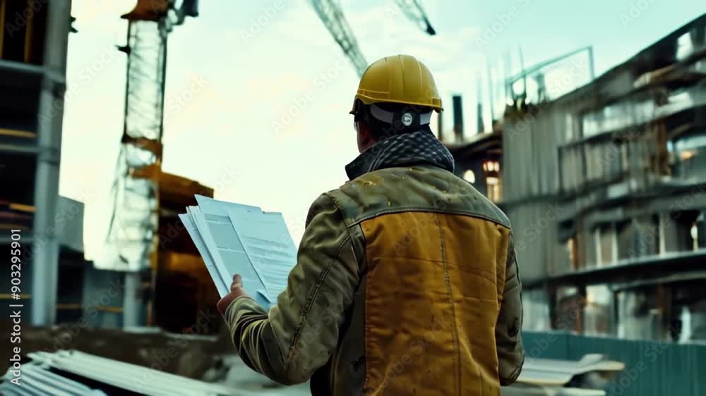 A male builder in front of a house under construction and a construction crane in an orange helmet in the sunset light with documents and a house construction project in his hands.back view A male builder in front of a house under construction and a construction crane in an orange helmet in the sunset light with documents and a house construction project in his hands.back view