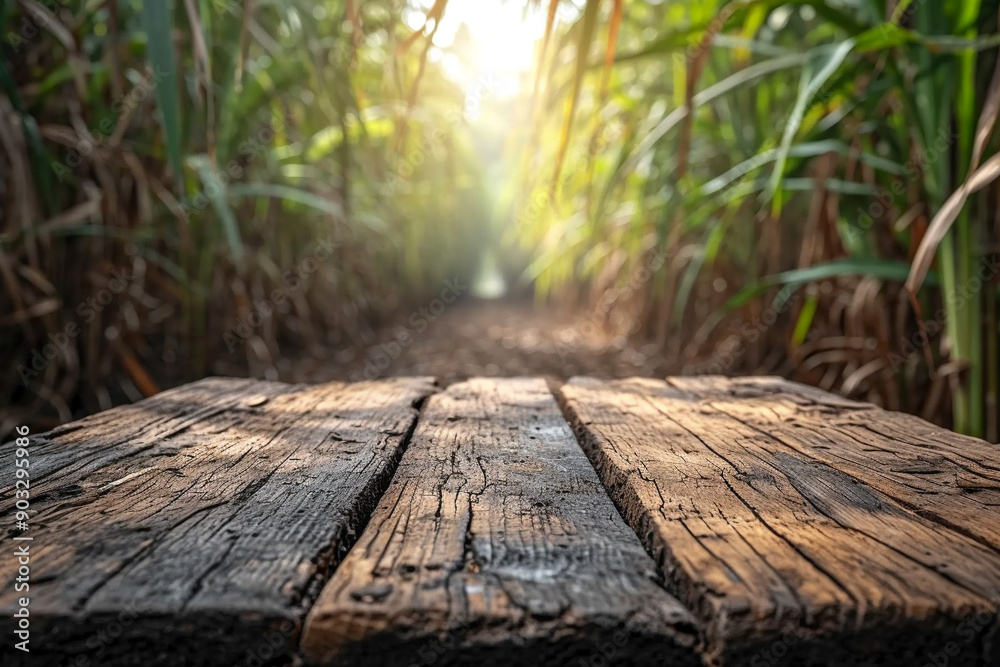 The empty wooden brown table top with blur background of sugarcane plantation. The empty wooden brown table top with blur background of sugarcane plantation.