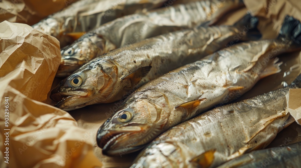 Obraz premium fresh smoked fish on paper , ai