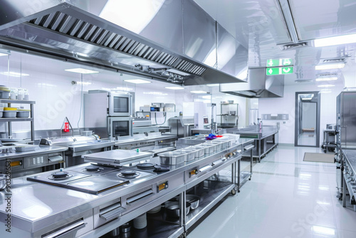 empty commercial kitchen of a restaurant with stainless steel appliances and food processing station, interior of a professional chefs kitchen and five star hotel and michelin star restaurants kitchen photo