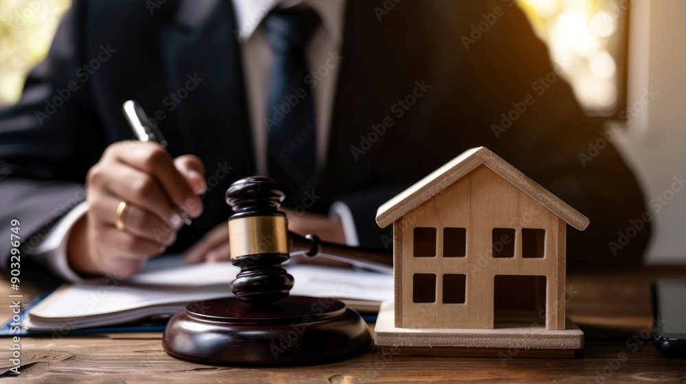 Male judge sitting at desk with gavel and small wooden toy house, working with documents, signing contract agreements. Real estate law, divorce property, house foreclosure and bankruptcy concept, ai Male judge sitting at desk with gavel and small wooden toy house, working with documents, signing contract agreements. Real estate law, divorce property, house foreclosure and bankruptcy concept, ai