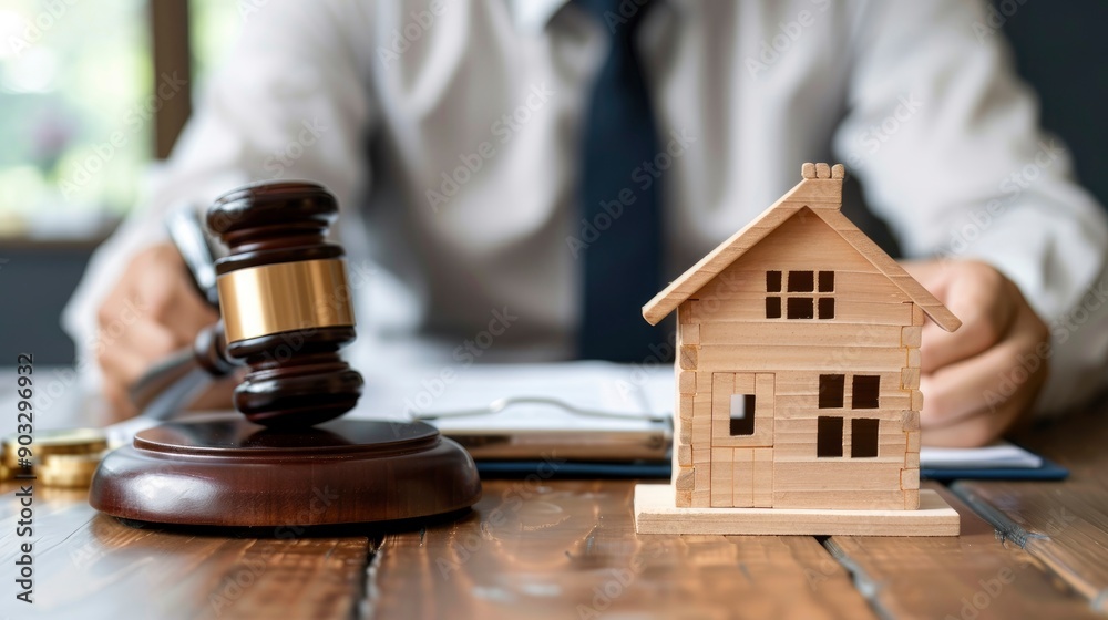 Male judge sitting at desk with gavel and small wooden toy house, working with documents, signing contract agreements. Real estate law, divorce property, house foreclosure and bankruptcy concept, ai Male judge sitting at desk with gavel and small wooden toy house, working with documents, signing contract agreements. Real estate law, divorce property, house foreclosure and bankruptcy concept, ai